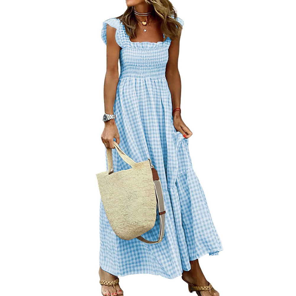 Square Neck Plaid Smocked Maxi Dress