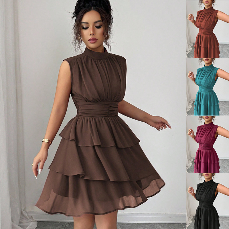 Women's Mock Neck Sleeveless Tiered Mini Dress Solid Color Fitted