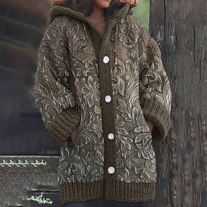 Women's Boho Print Hooded Button Cardigan Sweater