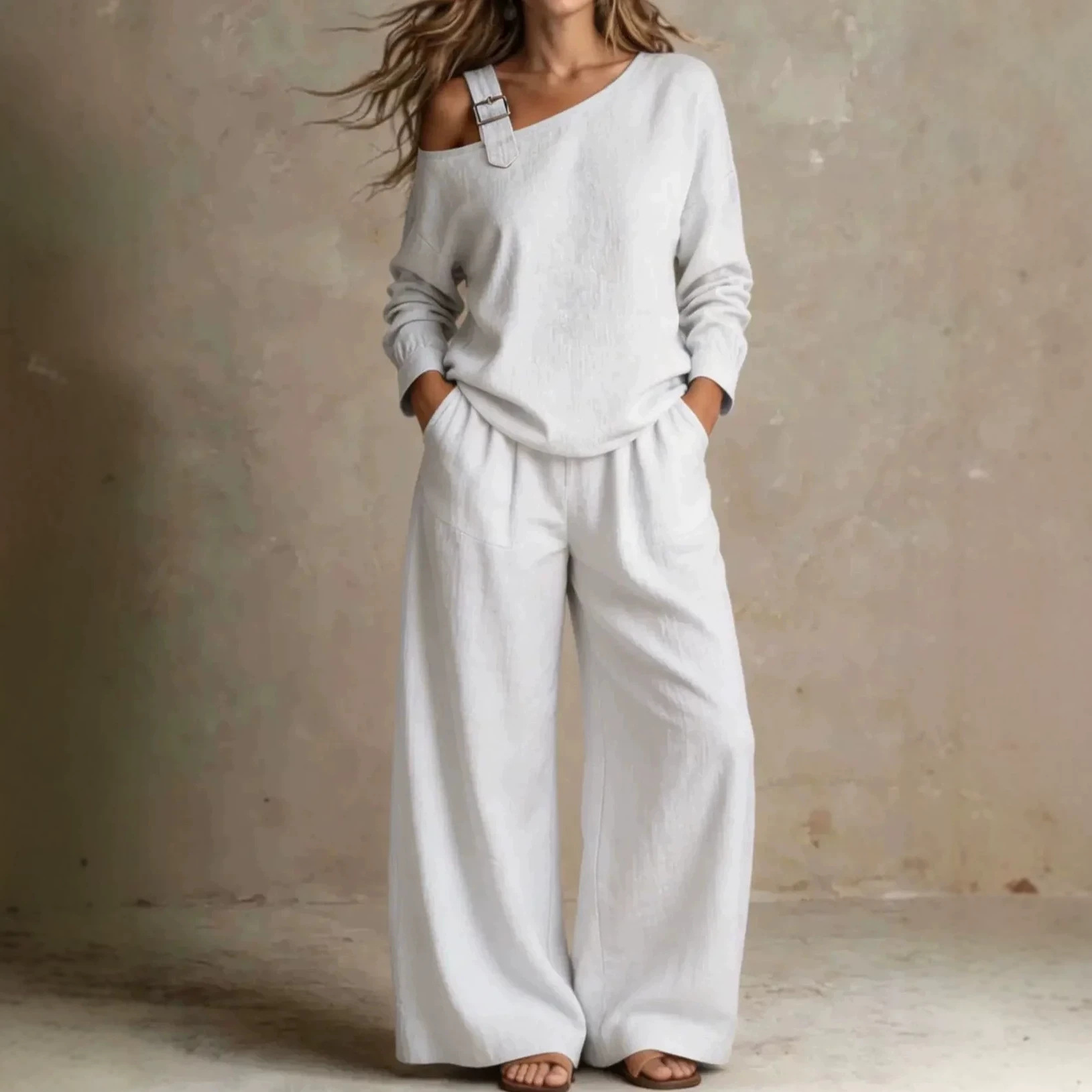 Women's Casual Loose One-Shoulder Linen-Blend Two-Piece Set