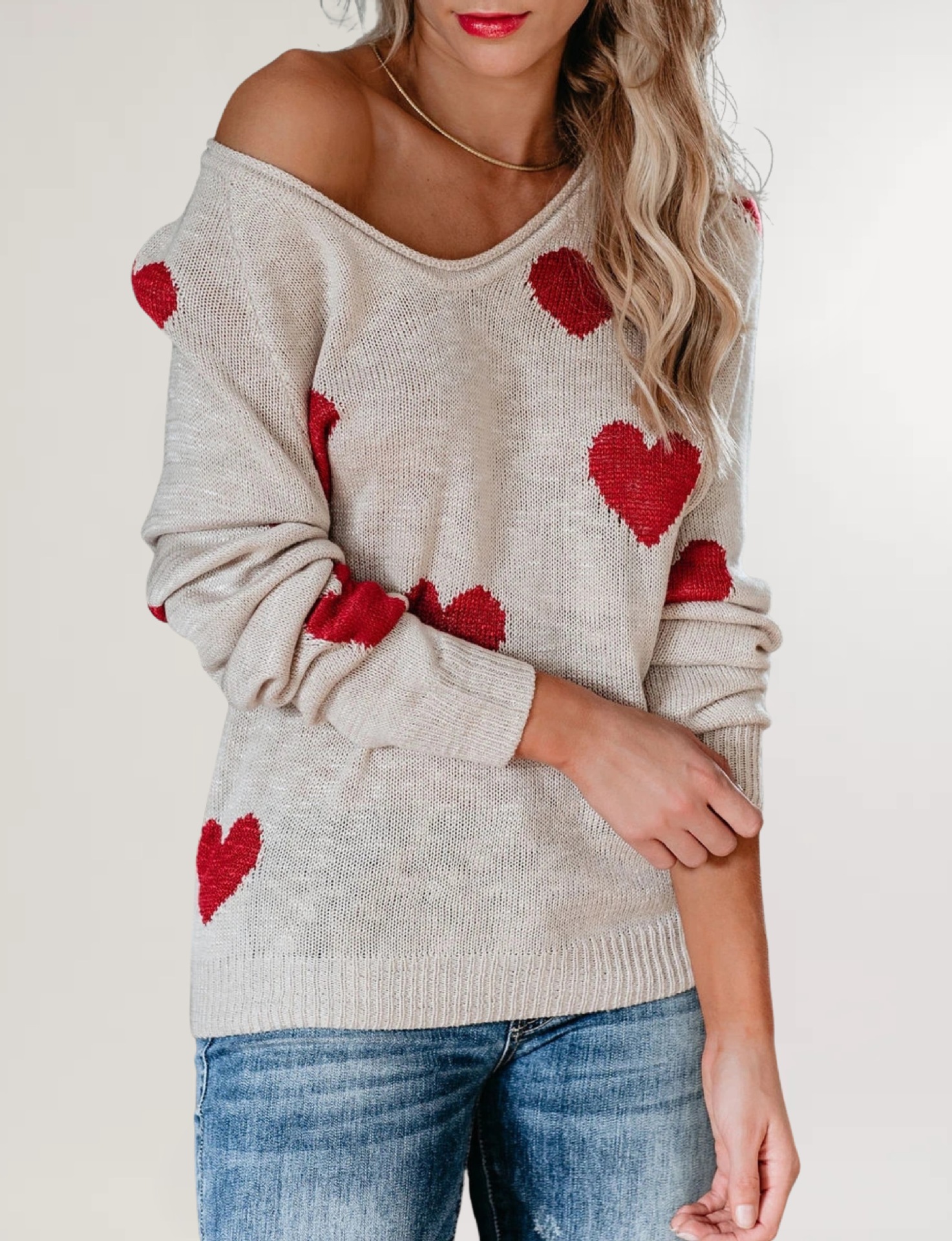 Women's Loose Heart V-Neck Knit Sweater
