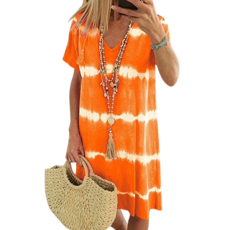 Women's Summer V-Neck Striped Tie-Dye Short Sleeve Dress