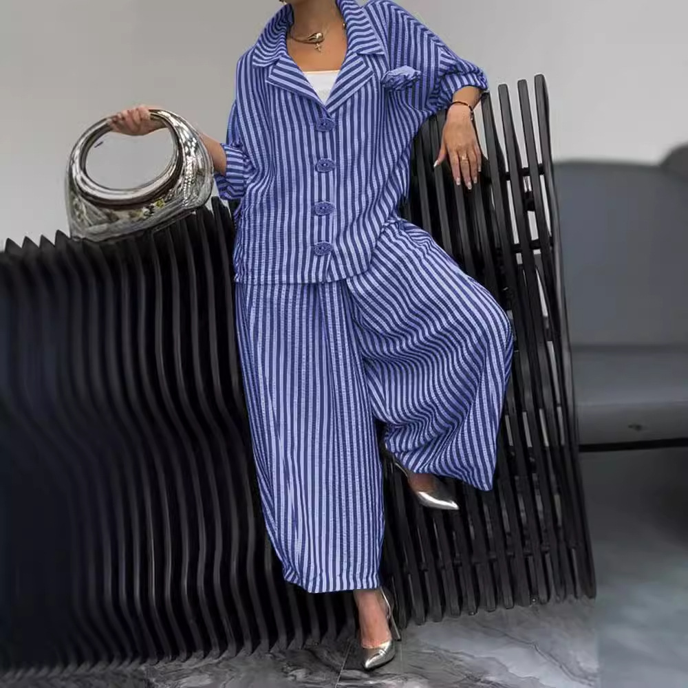 Floral Striped Loose Blazer & Pants Set