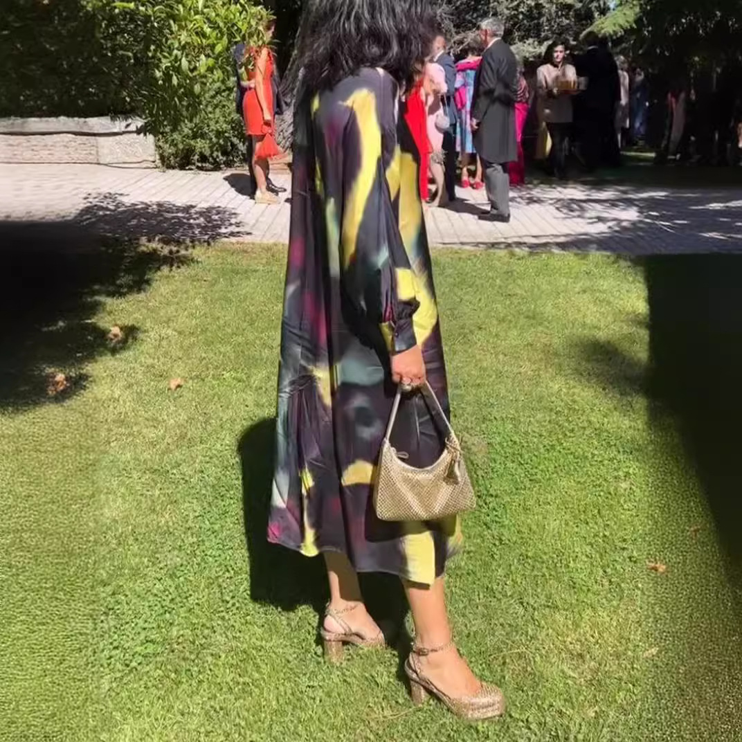 Women's Color-Block Print Deep V-Neck Long Sleeve Maxi Dress