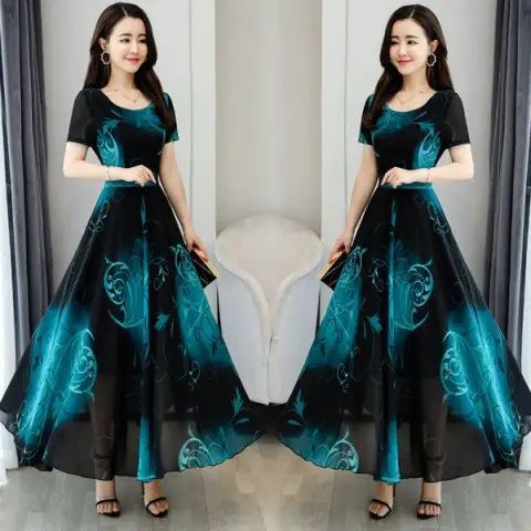 Women's Short Sleeve Round Neck Floral Print A-Line Midi Dress with Waist