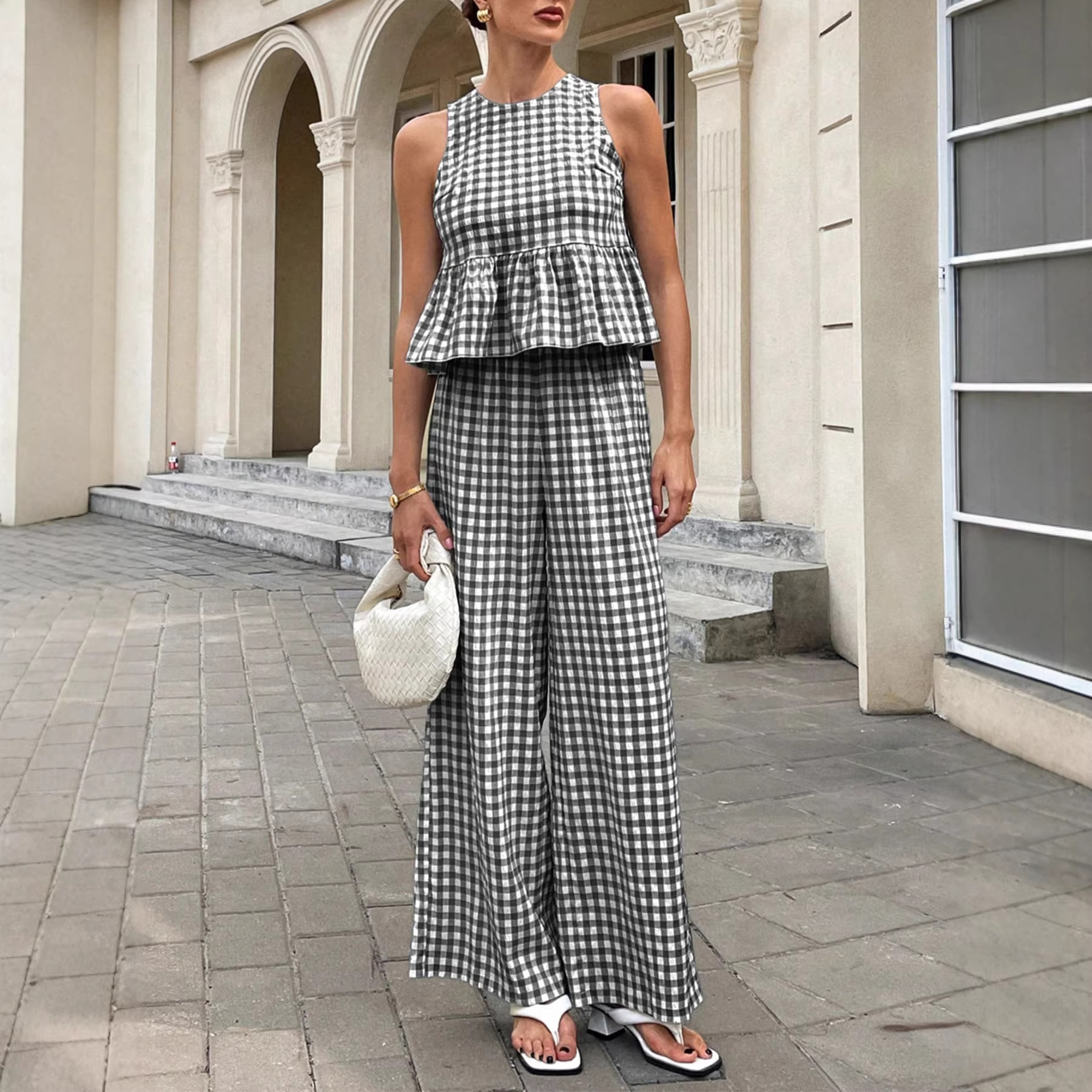 Plaid Two-Piece Set with Ruffle Hem and Sleeveless Round Neck Top