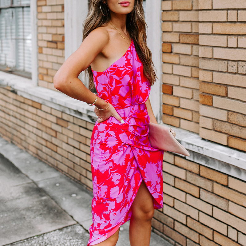 Sexy One-Shoulder Open-Back Print Midi Dress