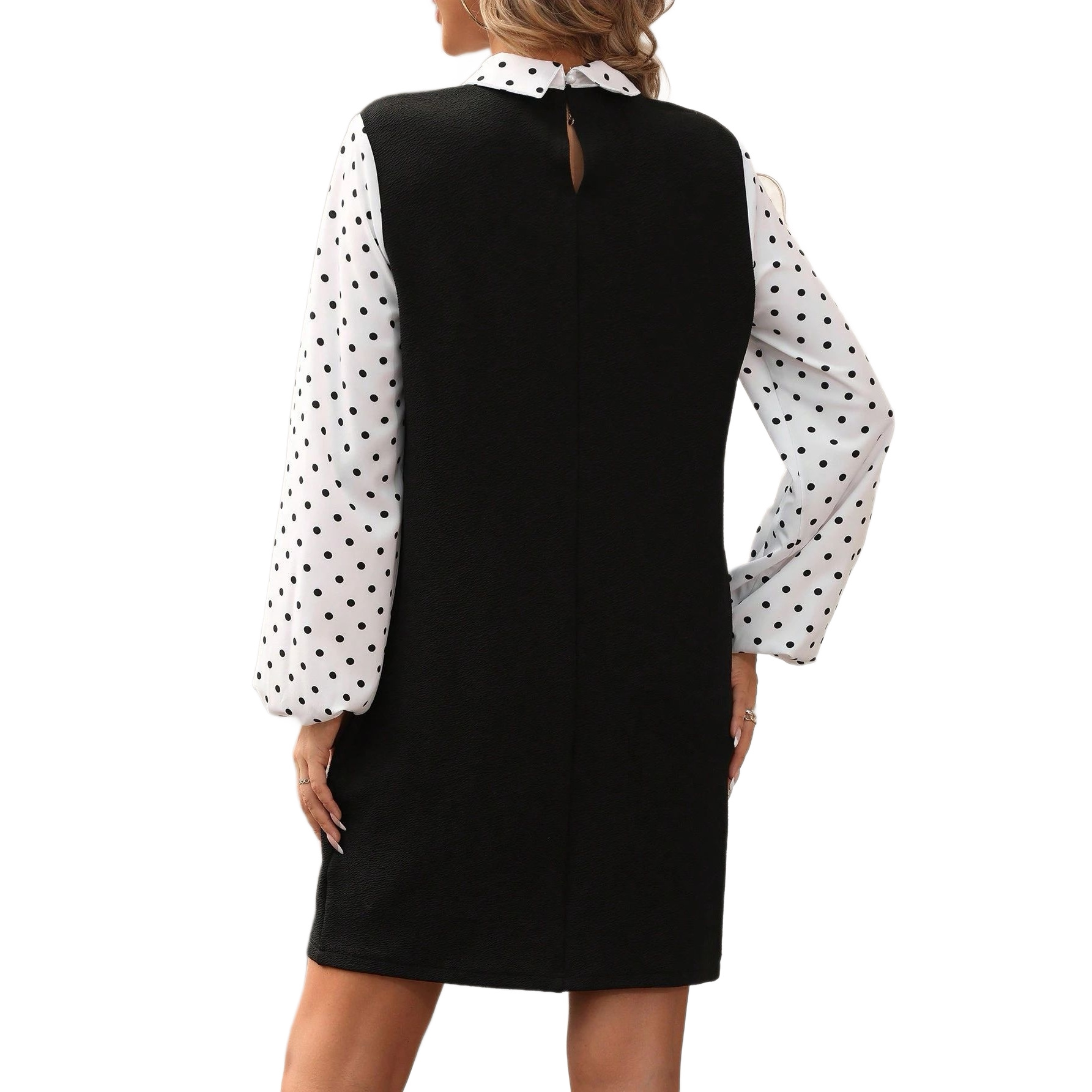 Polka Dot Color-Block Long-Sleeve Dress with Waist-Cinching Slim Fit
