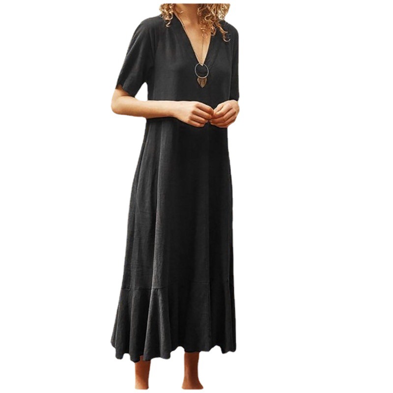 Women's Solid V-Neck Tie Short Sleeve A-Line Long Dress
