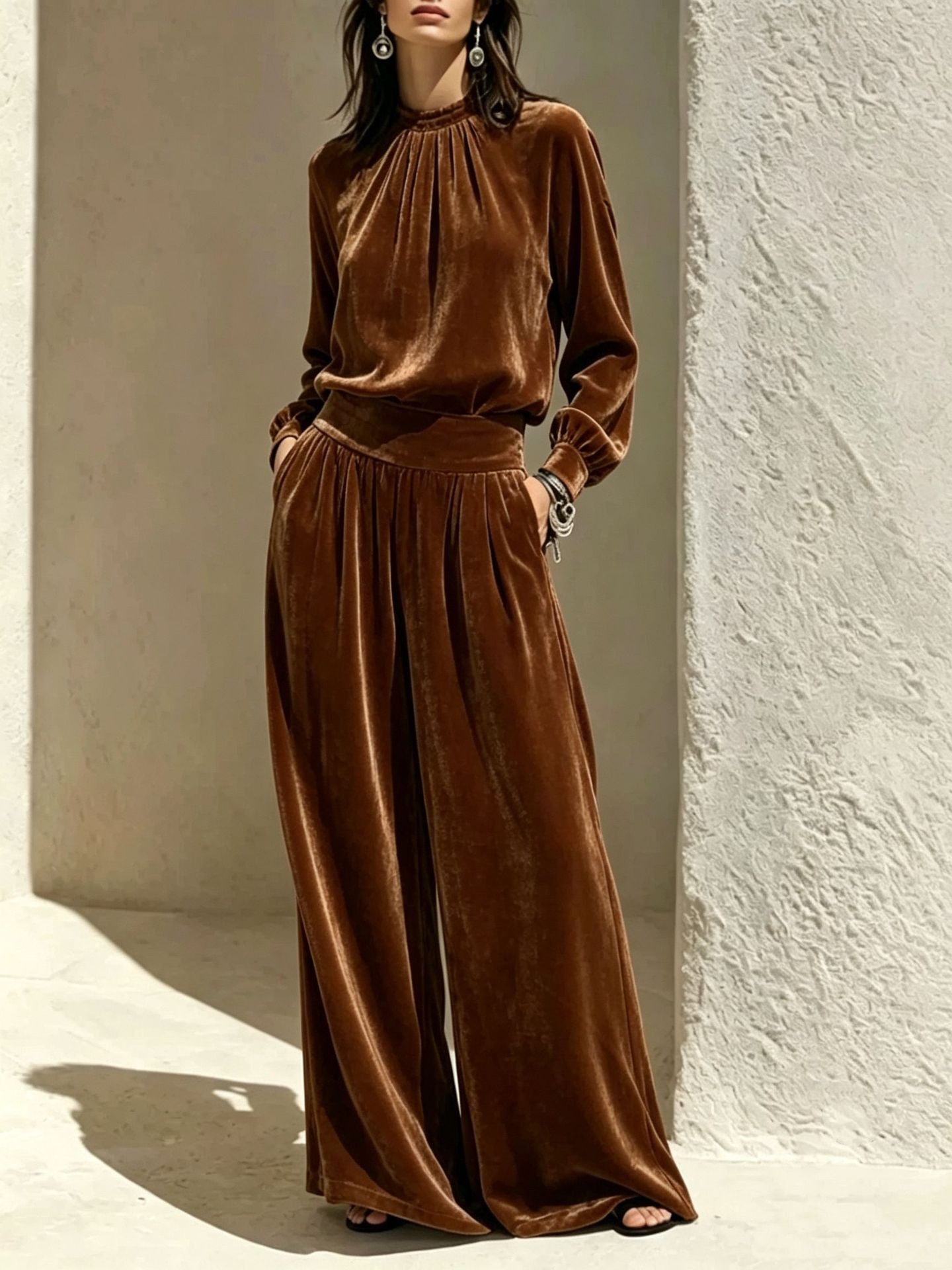 Wide-Leg Velvet Two-Piece Set with Long-Sleeve Top