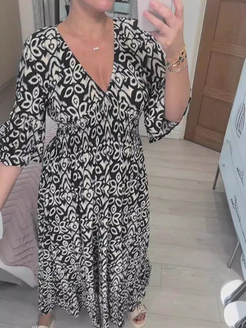 V-Neck Floral Print Loose Midi Dress for Beach Vacation