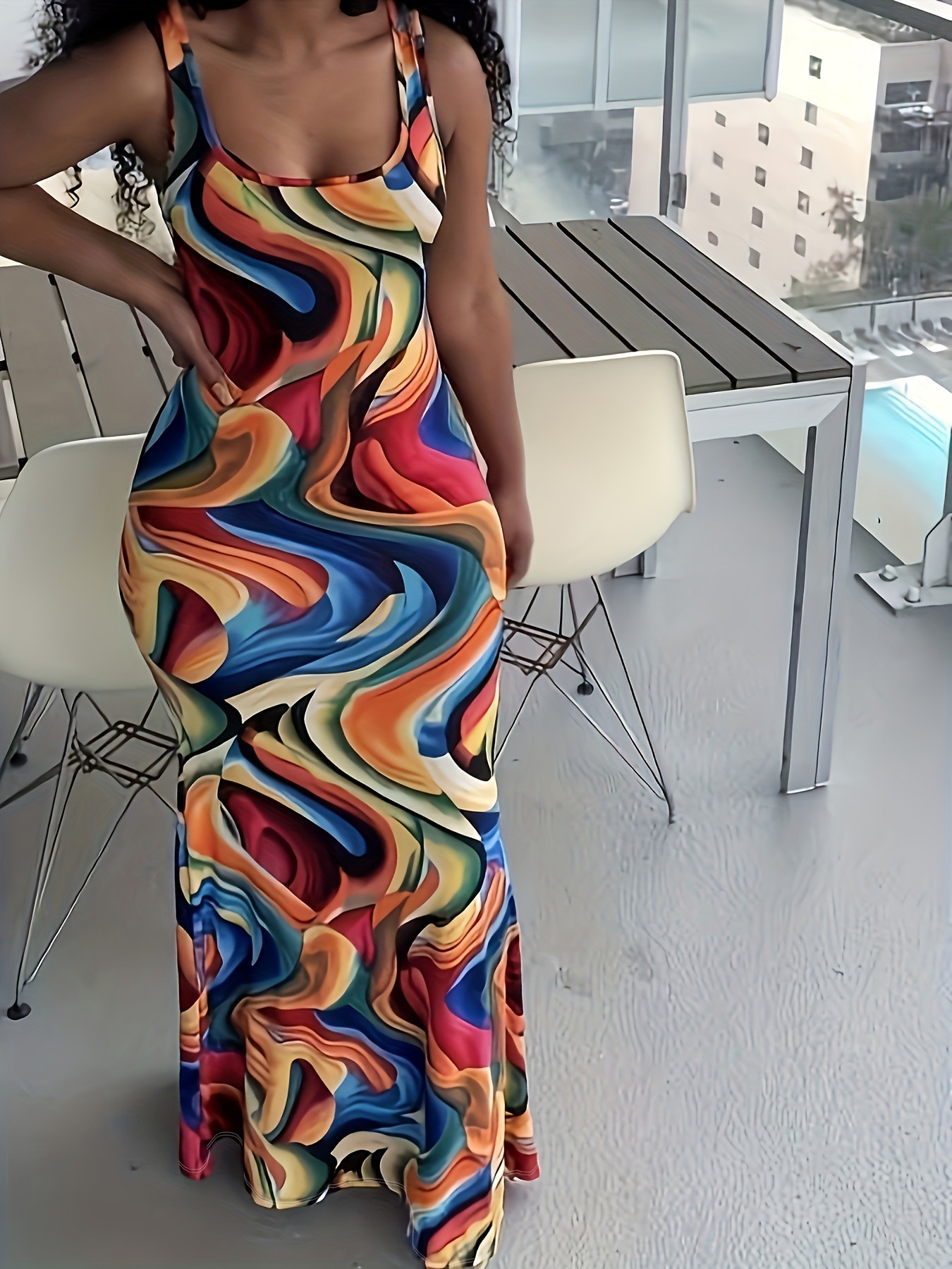 Women's Colorful Wave Print Bodycon Maxi Dress with Deep U-Neck