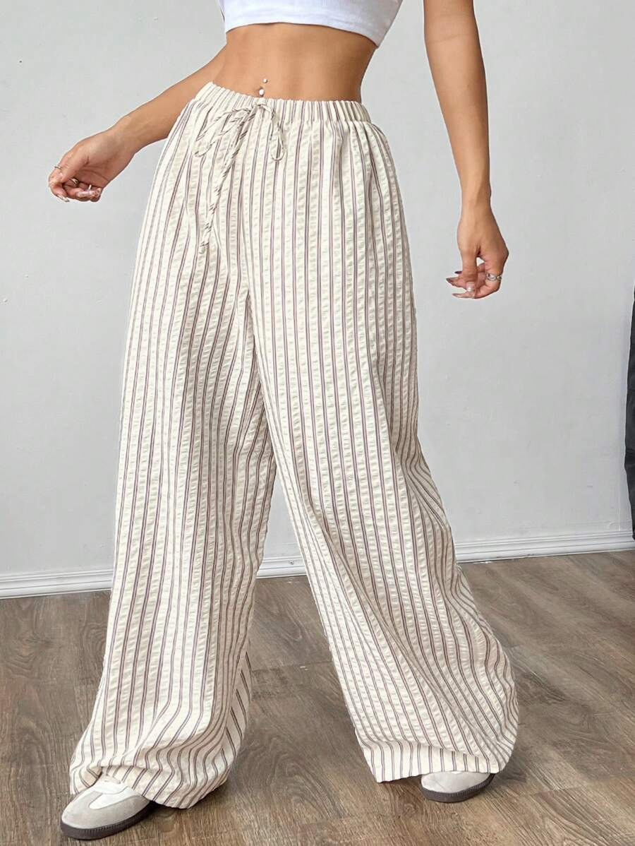 Women's Color-Block Textured Straight-Leg Pants with Pockets and Drawstring Waist