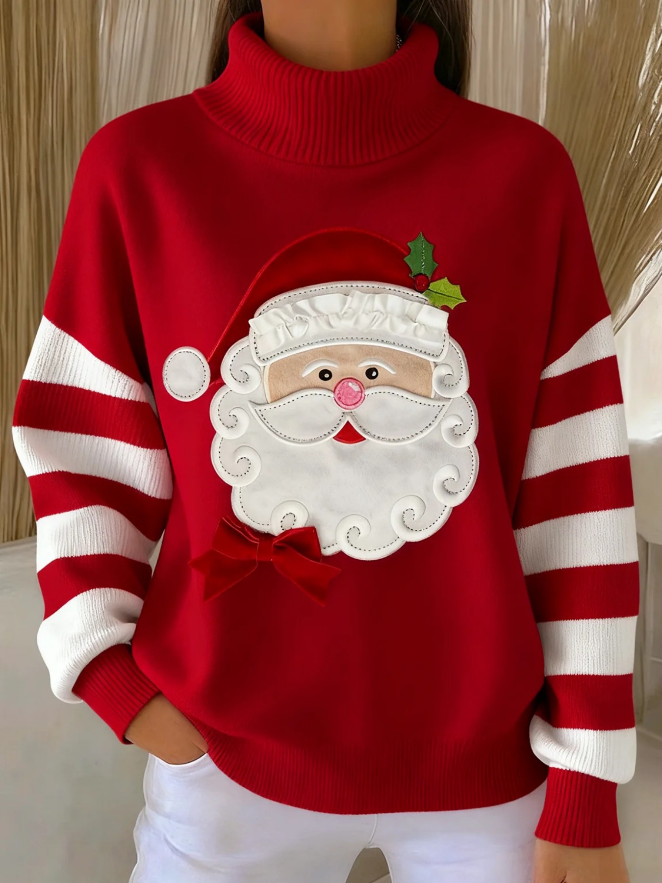 Women's Christmas Santa Striped Print Turtleneck Sweater