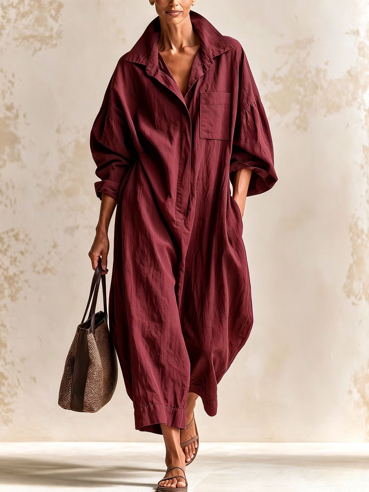 Cotton-Linen Collared Long-Sleeve Wide-Leg Jumpsuit