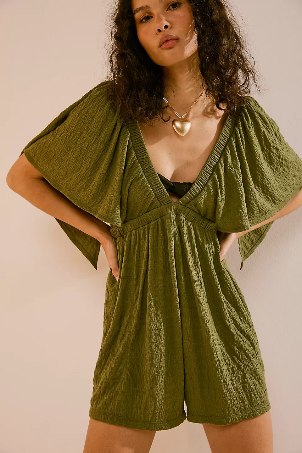 Women's V-Neck Open-Back Short-Sleeve Solid Loose Casual Jumpsuit