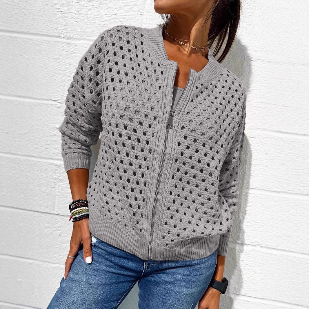 Women's Open-Knit Zip-Up Jacket Casual Lightweight Outerwear