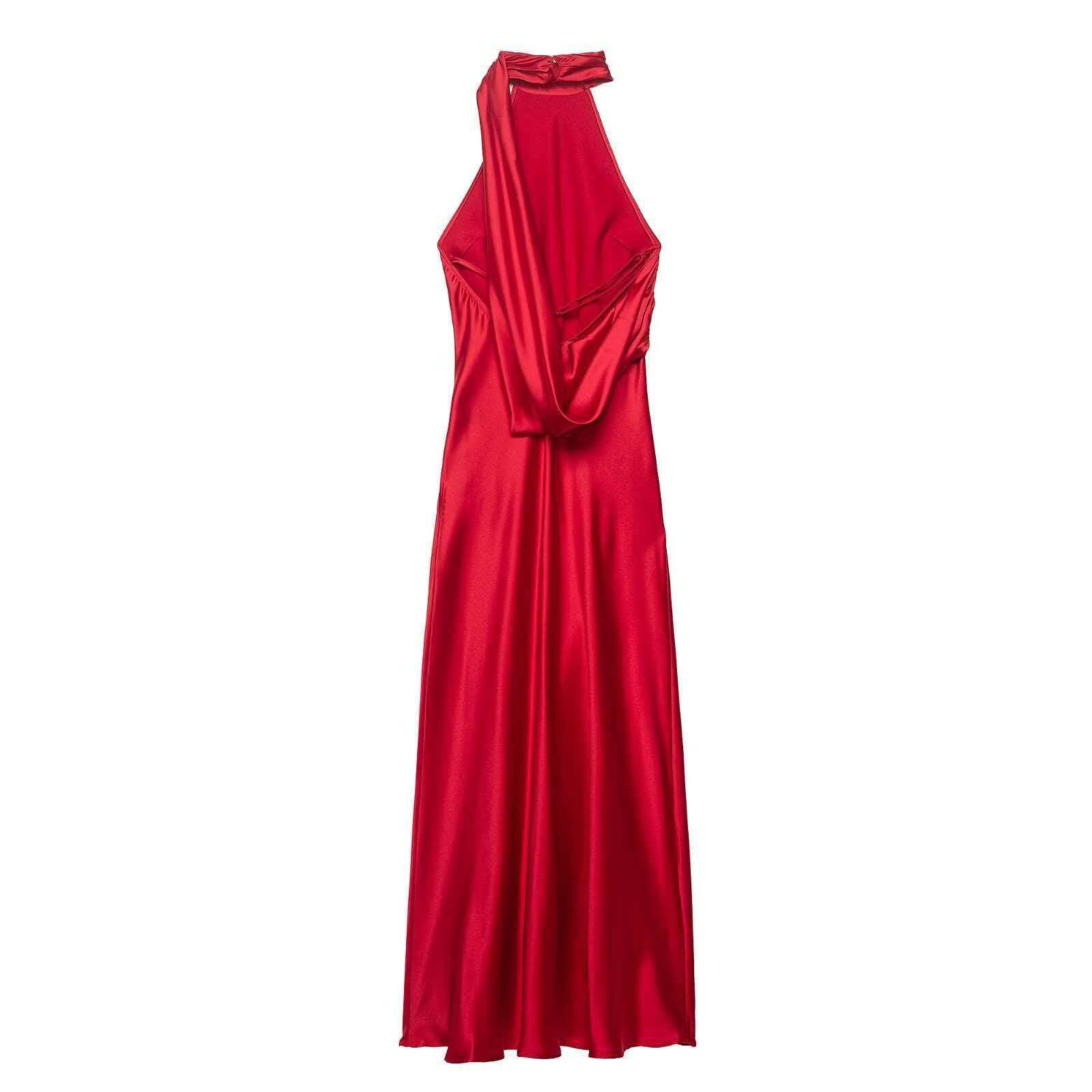 Women's Satin-Feel Halter Neck Long Dress