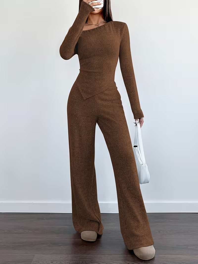 Women's One-Shoulder Knit Two-Piece Set Slim Fit Long Sleeve Top & Wide Leg Pants