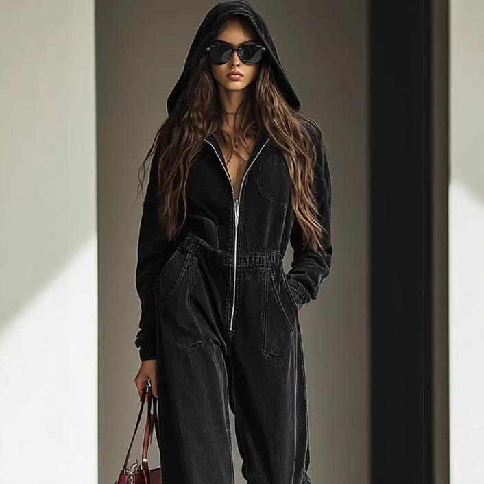 Relaxed Vintage Denim Hooded Jumpsuit with Elastic Waist and Zip