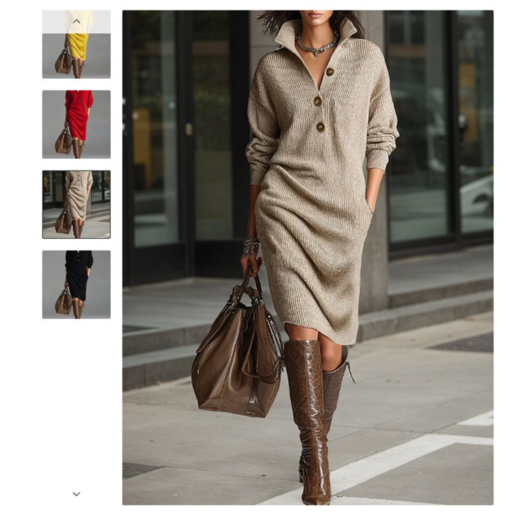 Women's Button-Front Collared Loose Straight Knit Midi Sweater Dress