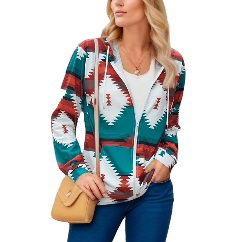 Colorblock Print Hooded Zip Jacket Loose Fit Long Sleeve