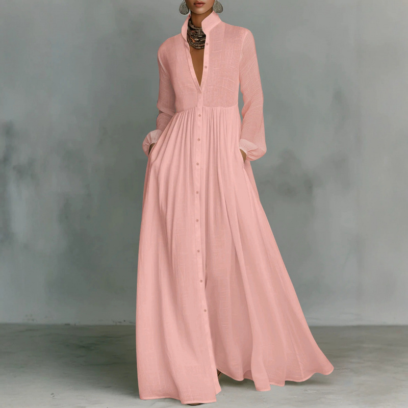Textured Stand Collar Long Shirt Dress with Lantern Sleeves and Pockets