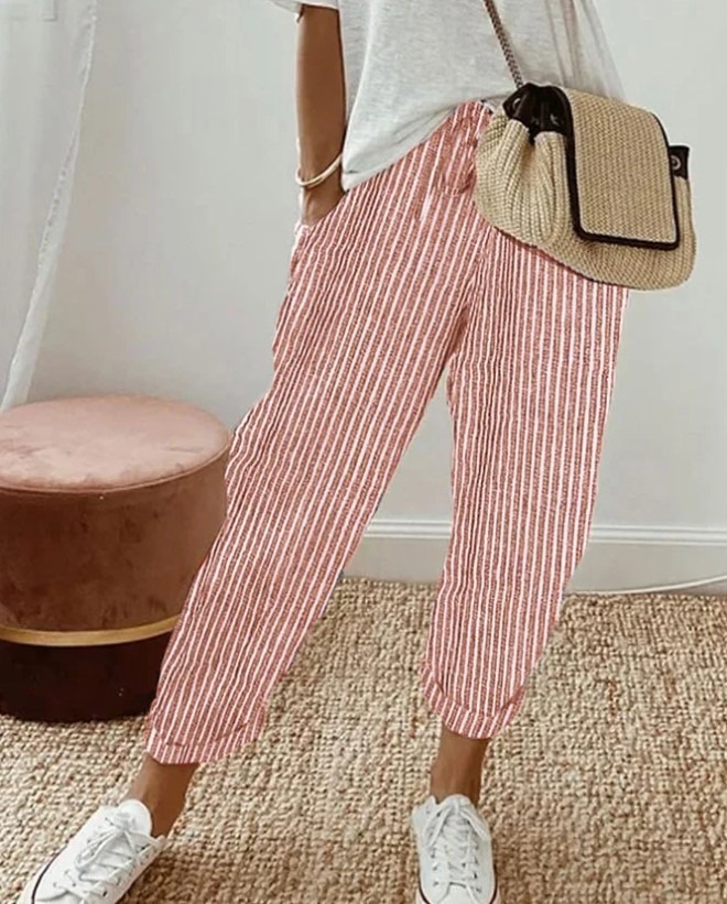 Striped Drawstring Elastic Waist Casual Pants Loose Fit
