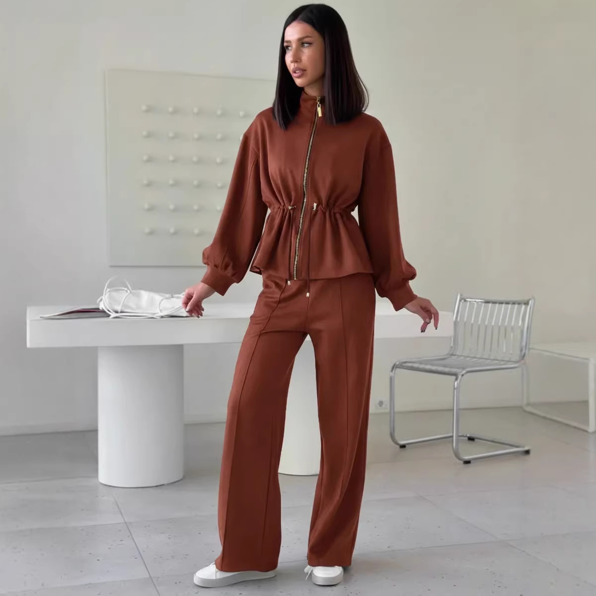 Women's Solid Zip-Up Cardigan and Straight-Leg Pants Two-Piece Set