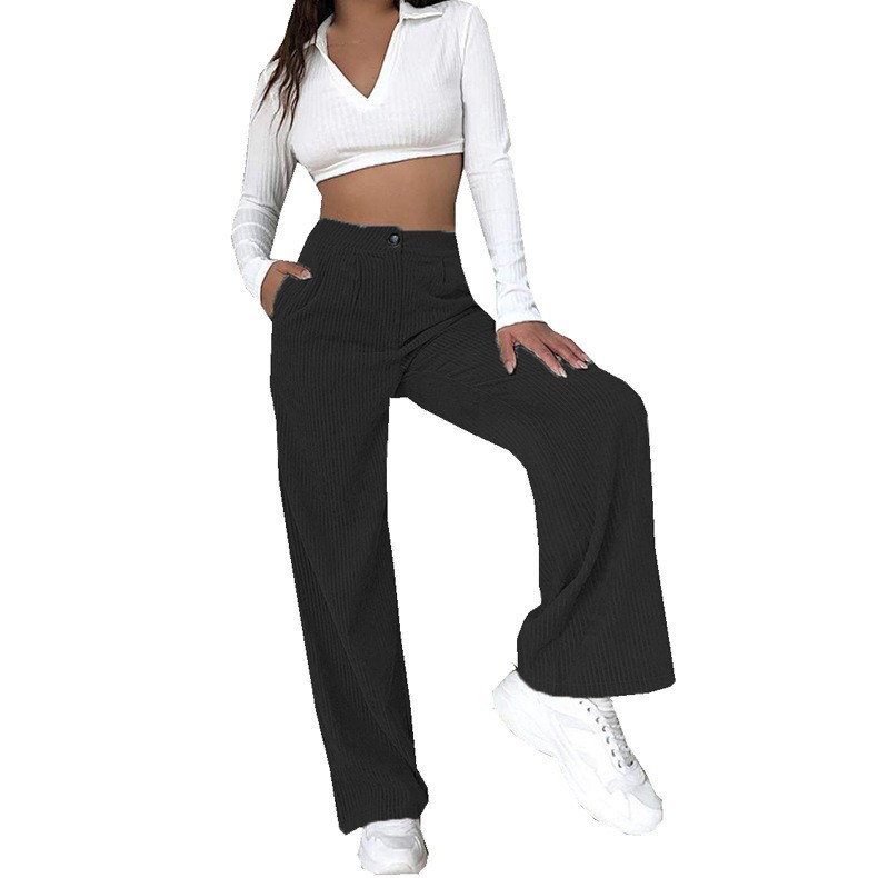 Women's High-Waist Corduroy Straight-Leg Pants Solid Color Casual Trousers