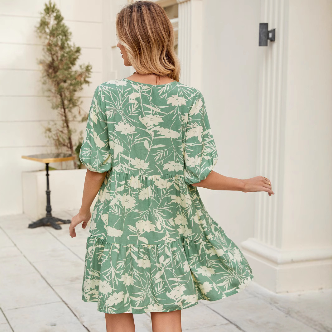 Printed V-Neck Loose Short Sleeve Dress