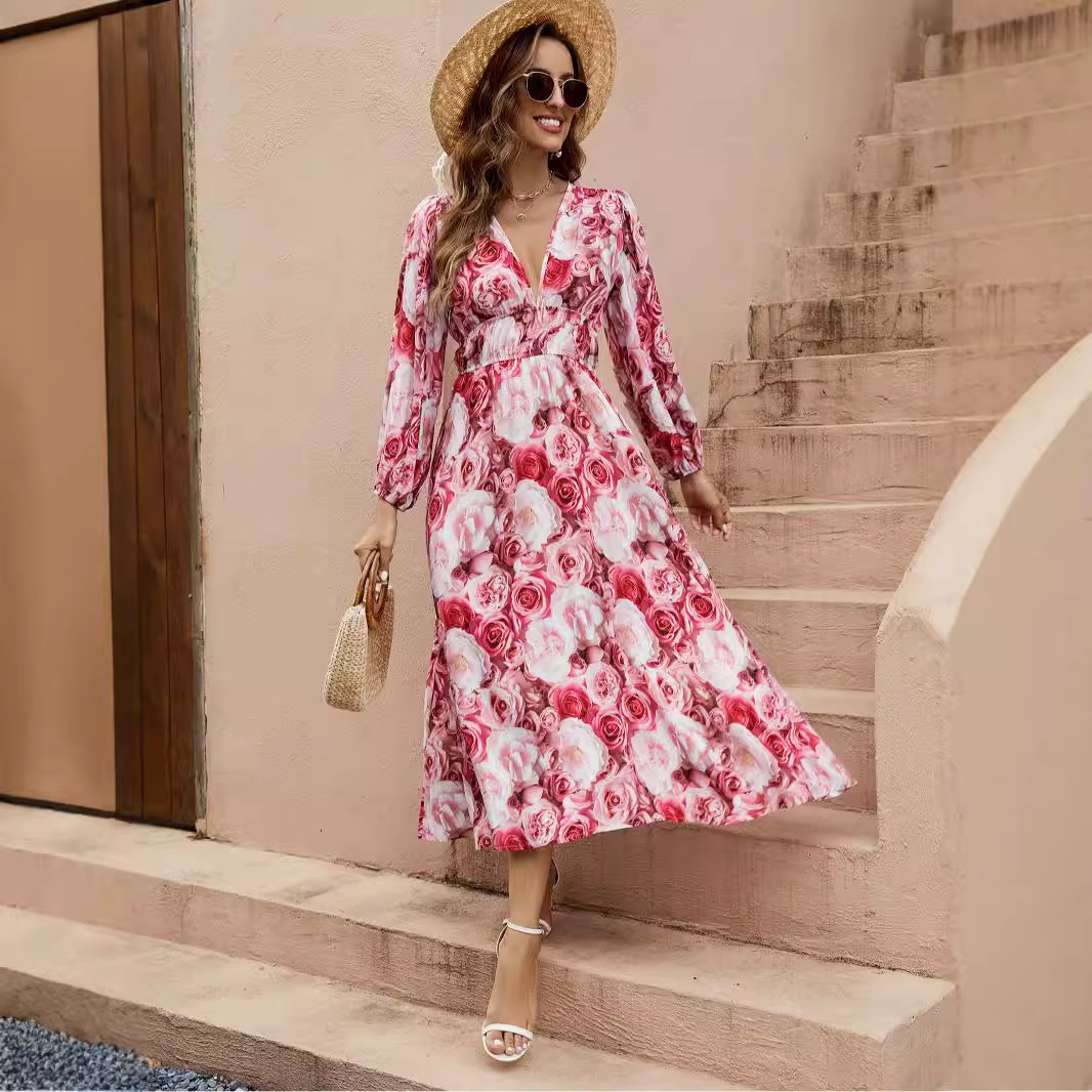 Women's Digital Print Deep V Corset Lantern Sleeve Long Dress