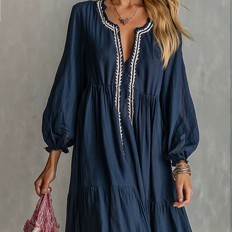 Retro Solid Color Long Dress Casual Loose Round Neck Nine-Tenth Sleeve Dark Blue