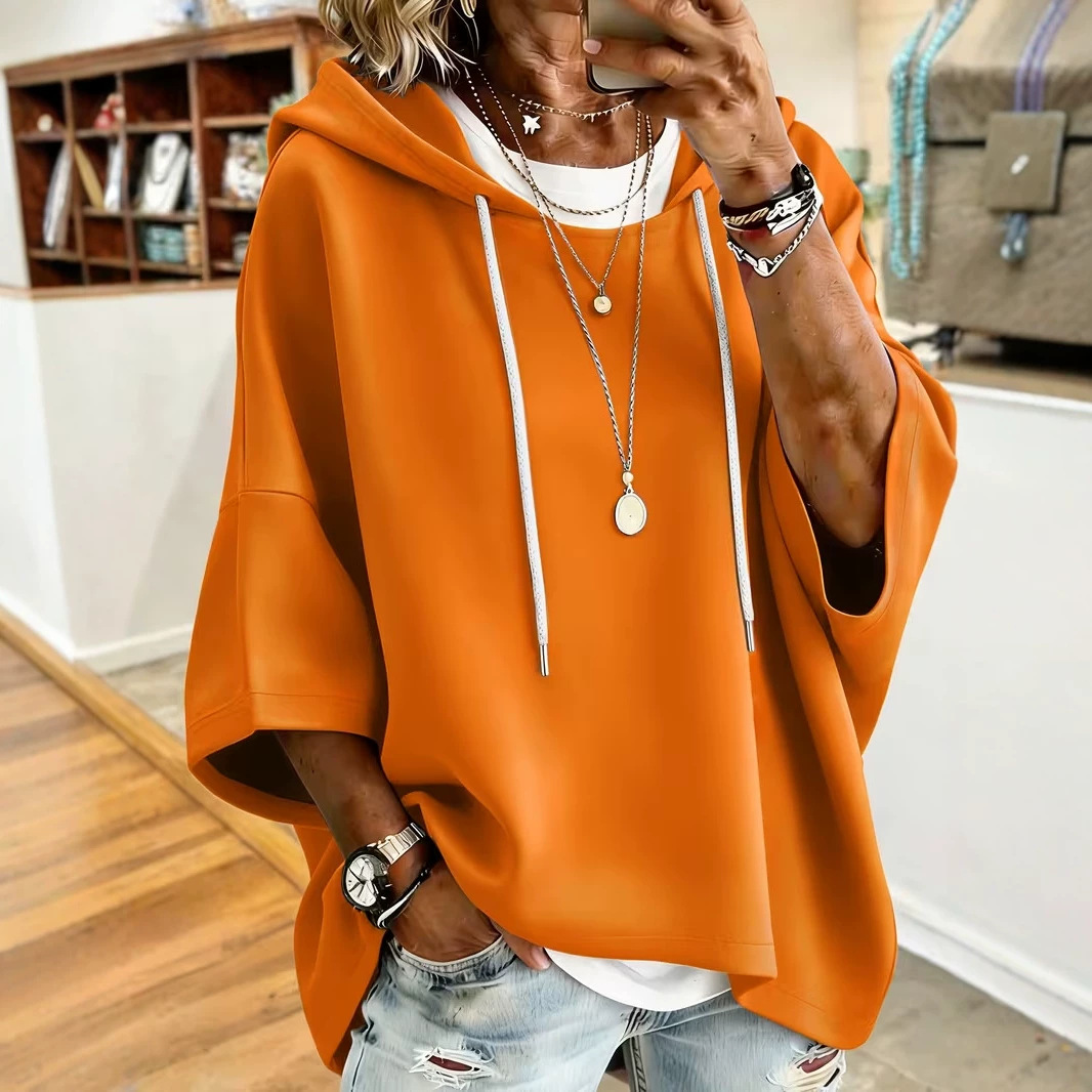 Women's Solid Print Oversized Hoodie with Large Neckline