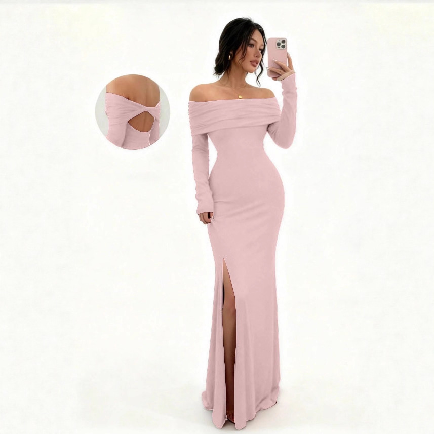 Long Sleeve Off-Shoulder Slit Bodycon Midi Dress