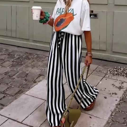 Women's Loose Straight-Leg Striped Print Pants Casual Colorblock