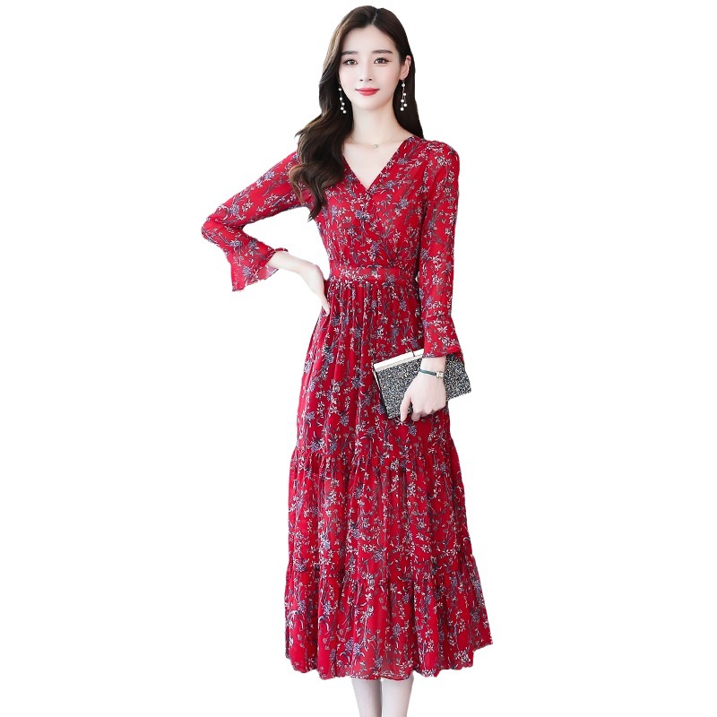 Floral Long Sleeve V-Neck Midi Dress with Waist
