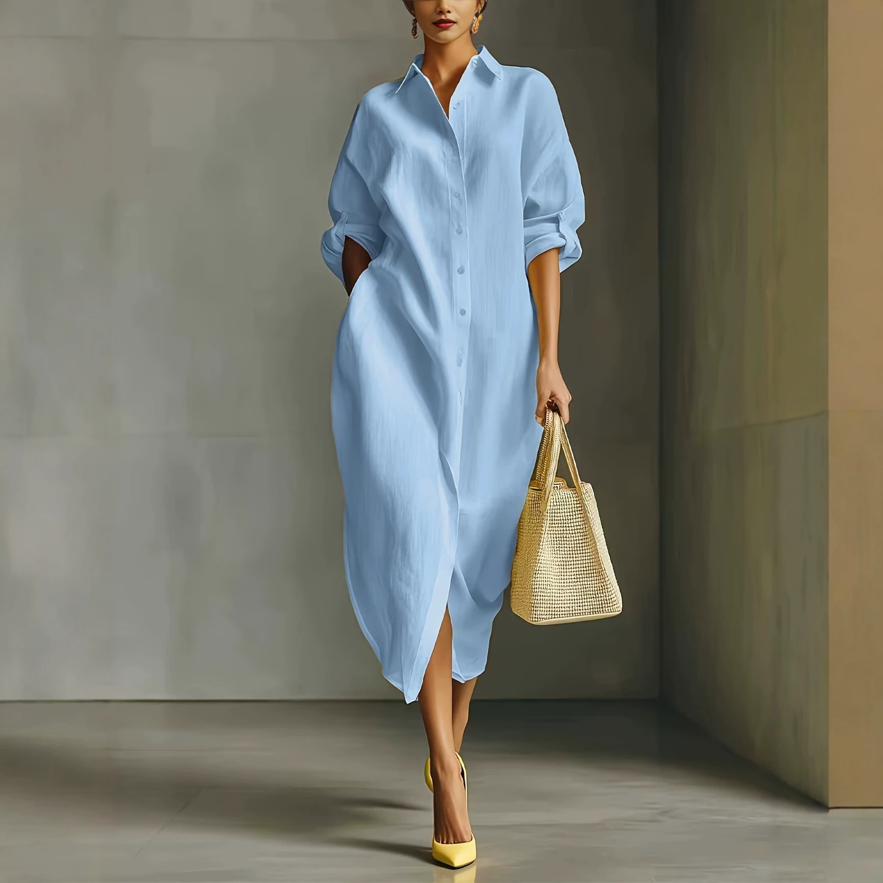 Relaxed Cotton-Linen Shirt Dress Long Sleeve Collared Midi Split