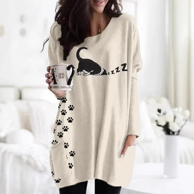 Women's Animal Print A-Line Midi Dress Long Sleeve Crew Neck Casual
