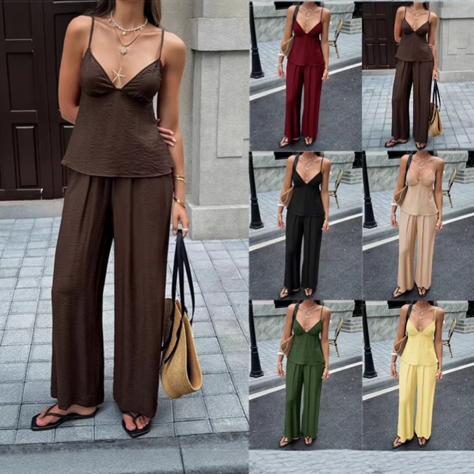 Women's Sleeveless Cami Top and Pants Set Solid Color Vacation Outfit