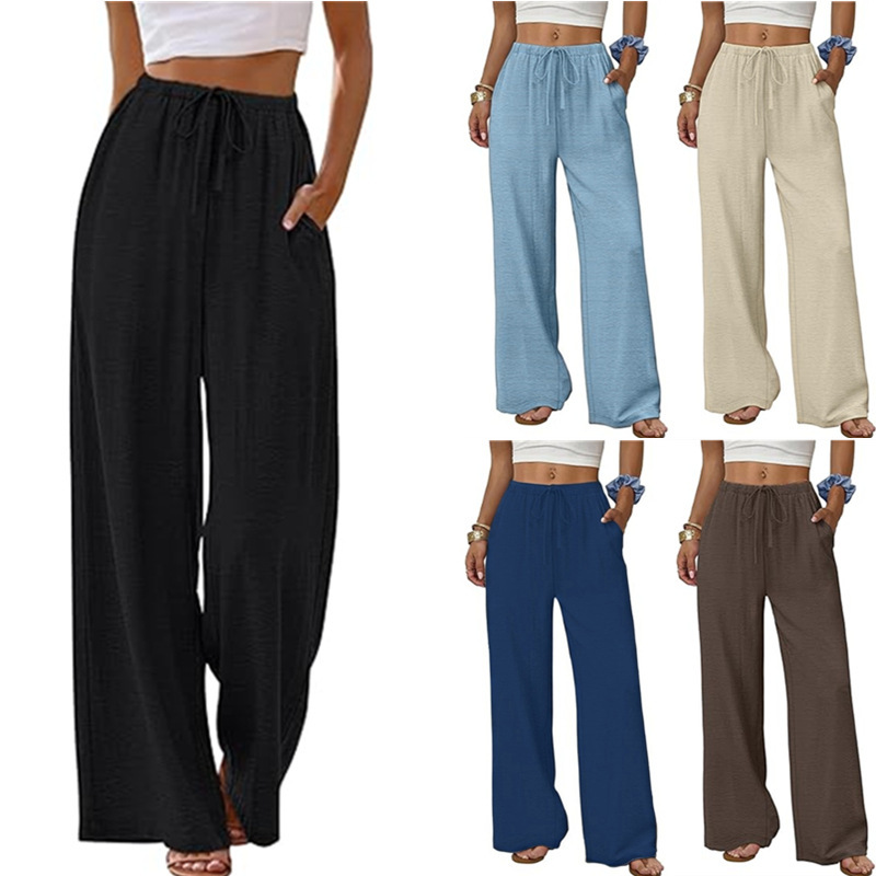 Women's Solid Color Elastic Waist Wide-Leg Beach Pants with Pockets