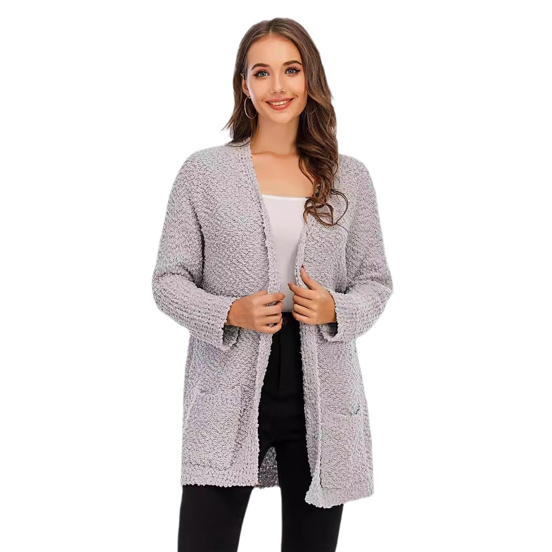 Plus Size Knit Cardigan with Pockets Mid-Length Sweater Coat