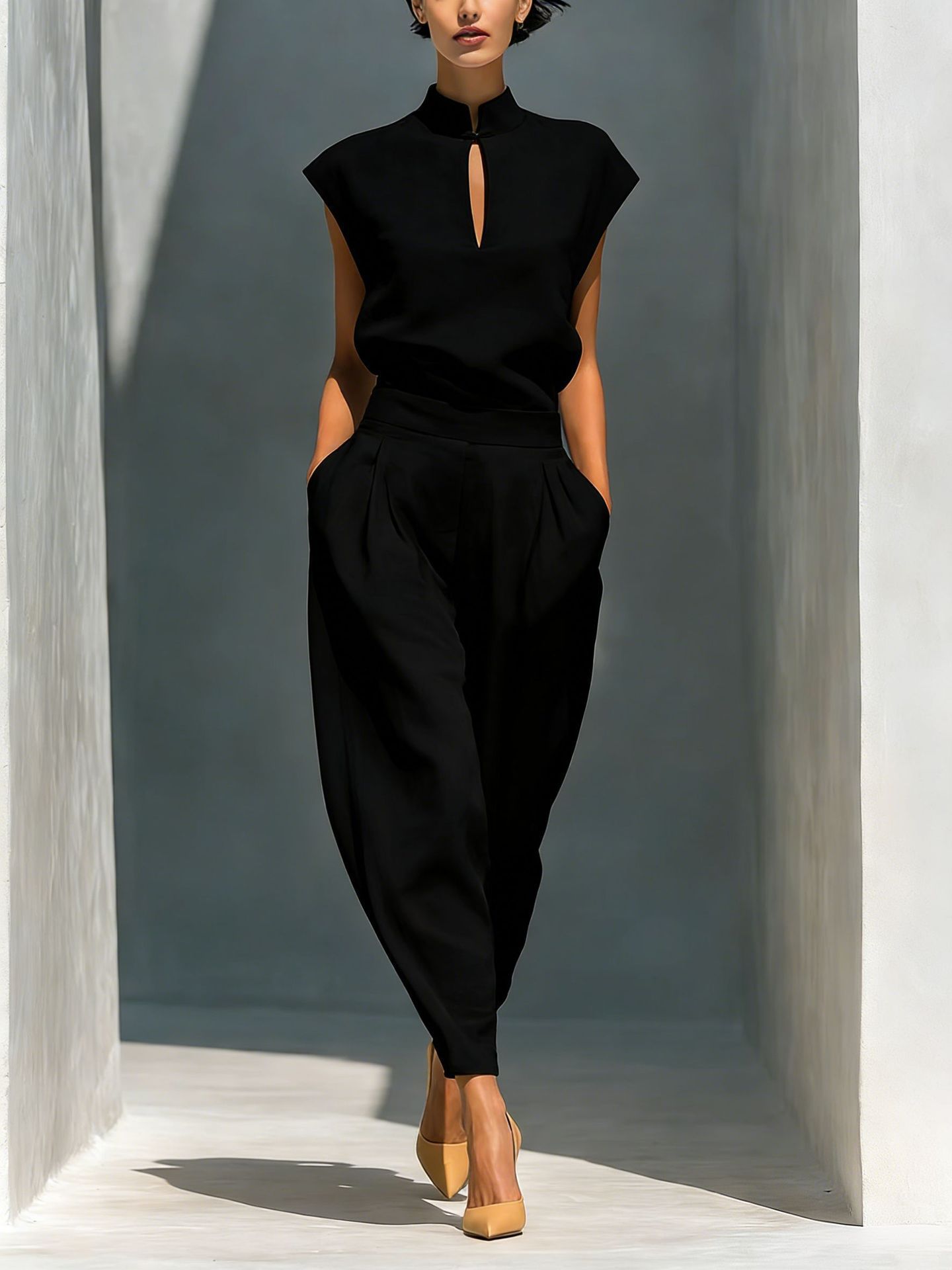 Elegant Women's Stand-Collar Cutout Top and High-Waist Barrel Pants Set