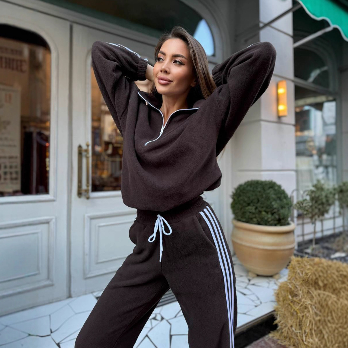 Women's Solid Color Long Sleeve Zip Loose Top and Tie-Waist Pants Two-Piece Set