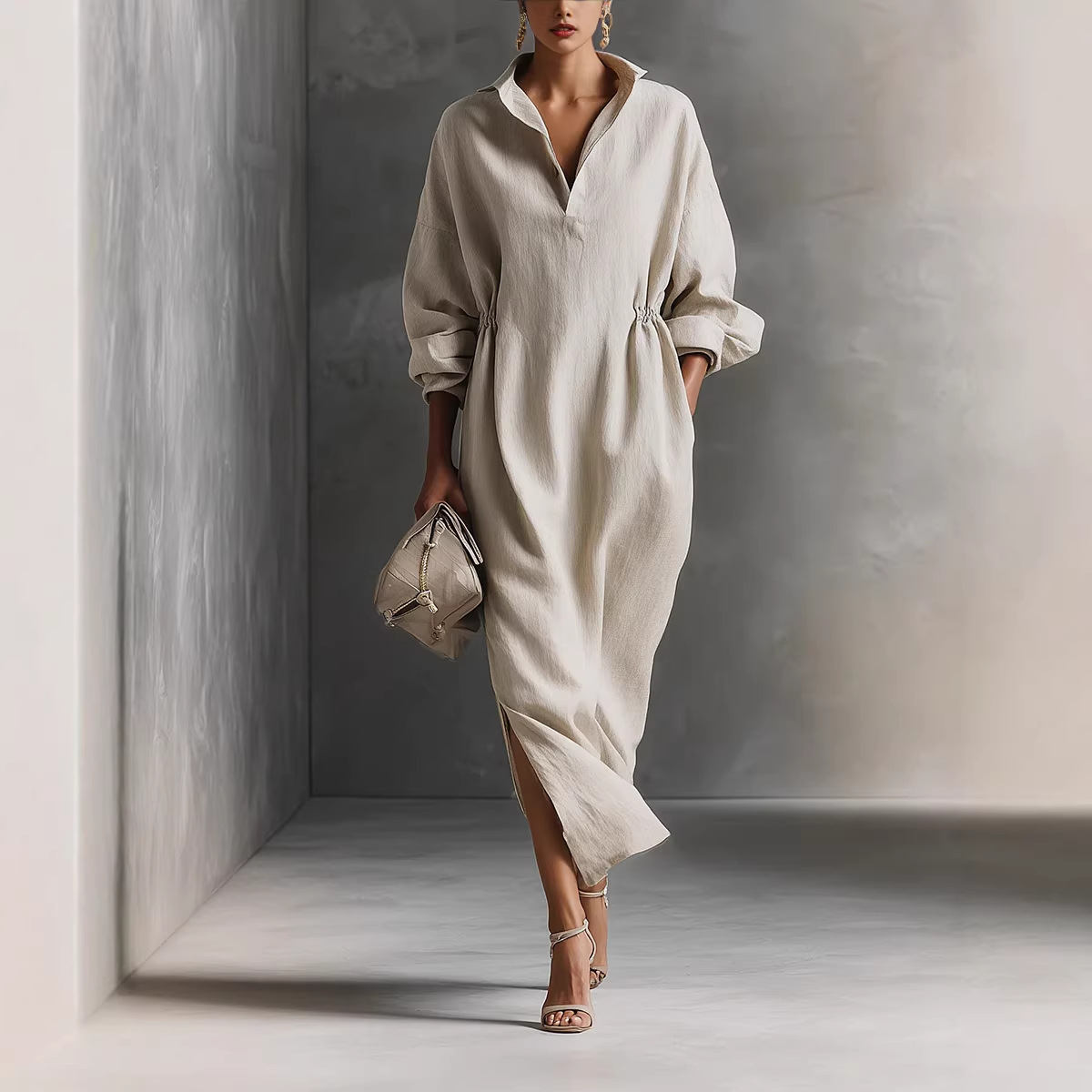 Women's French Casual Long Sleeve Collared Split Long Dress