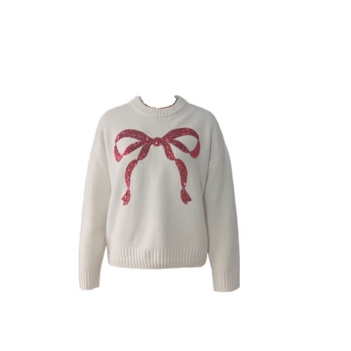 White Crewneck Sequin Bow Embroidered Christmas Sweater