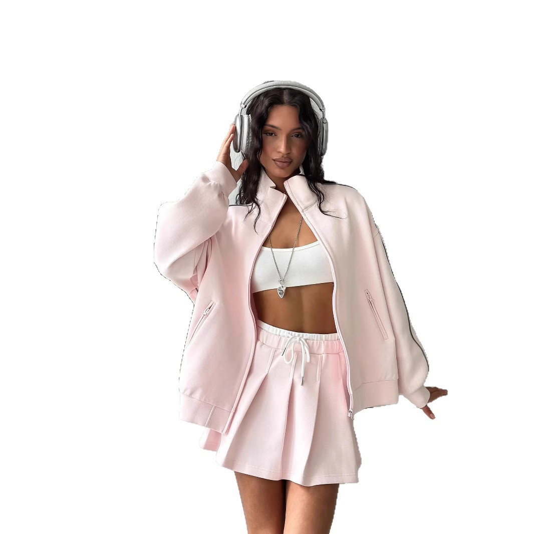 Women's Zip Cardigan and Drawstring Mini Skirt Two-Piece Set