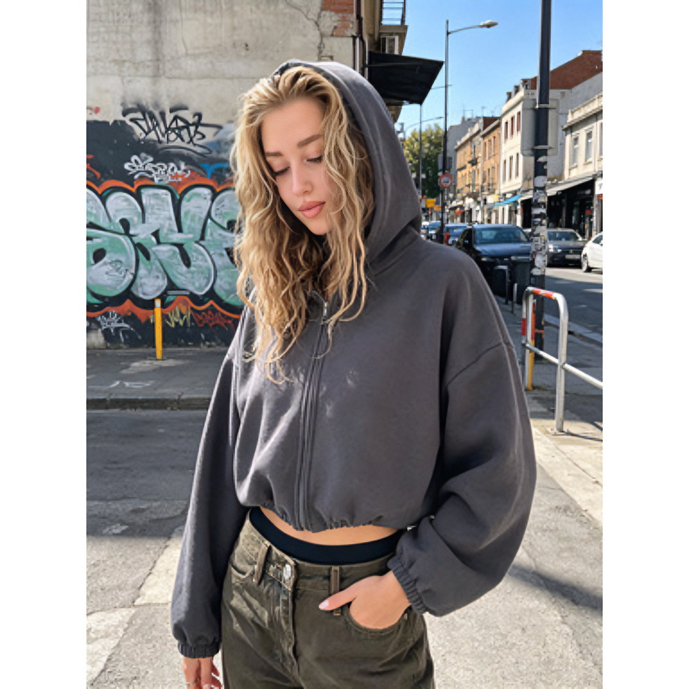 Women's Solid Color Hooded Zip-Up Fleece Jacket
