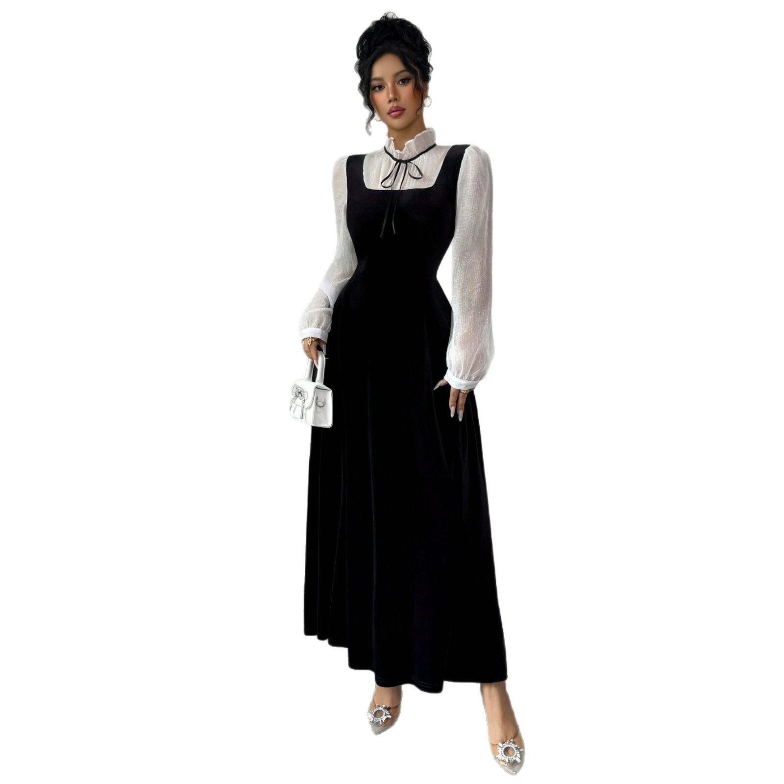 Elegant Hepburn-Style Dress with Ruffle Trim Neckline and Puff Sleeves