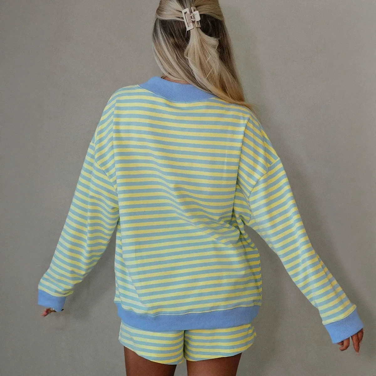 Striped Print Long-Sleeve Top and Shorts Two-Piece Lounge Set